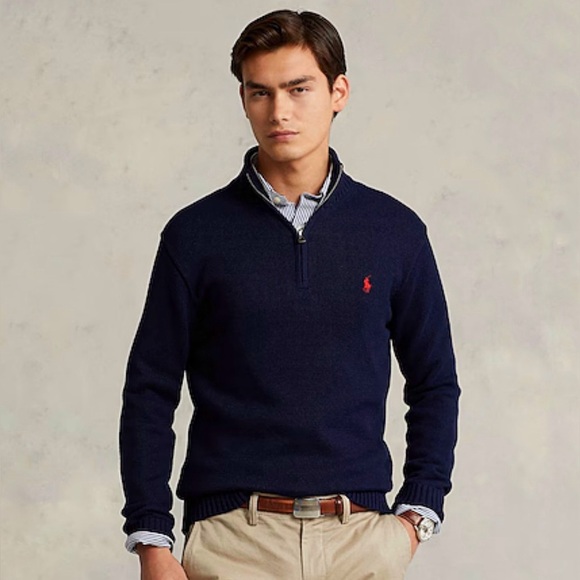 POLO Ralph Lauren Men's 100% Cotton Quarter-Zip Knit Dark Navy Blue Sweater - Picture 1 of 6